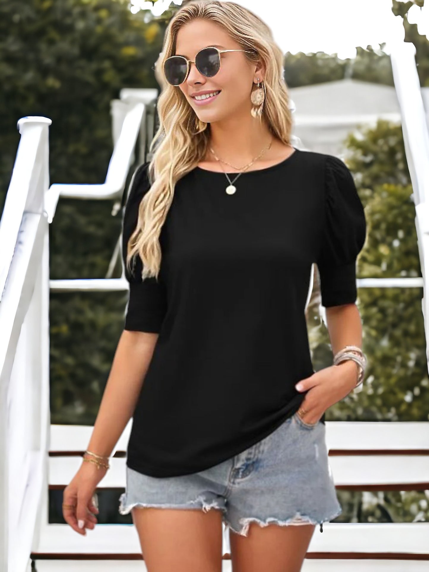 Blusa informal de cuello redondo y mangas abullonadas para mujer