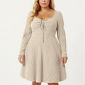 Anna-Kaci Women's Plus Size Long Sleeve Ribbed Knit Dress with Tie Front Detail and Flared Skirt