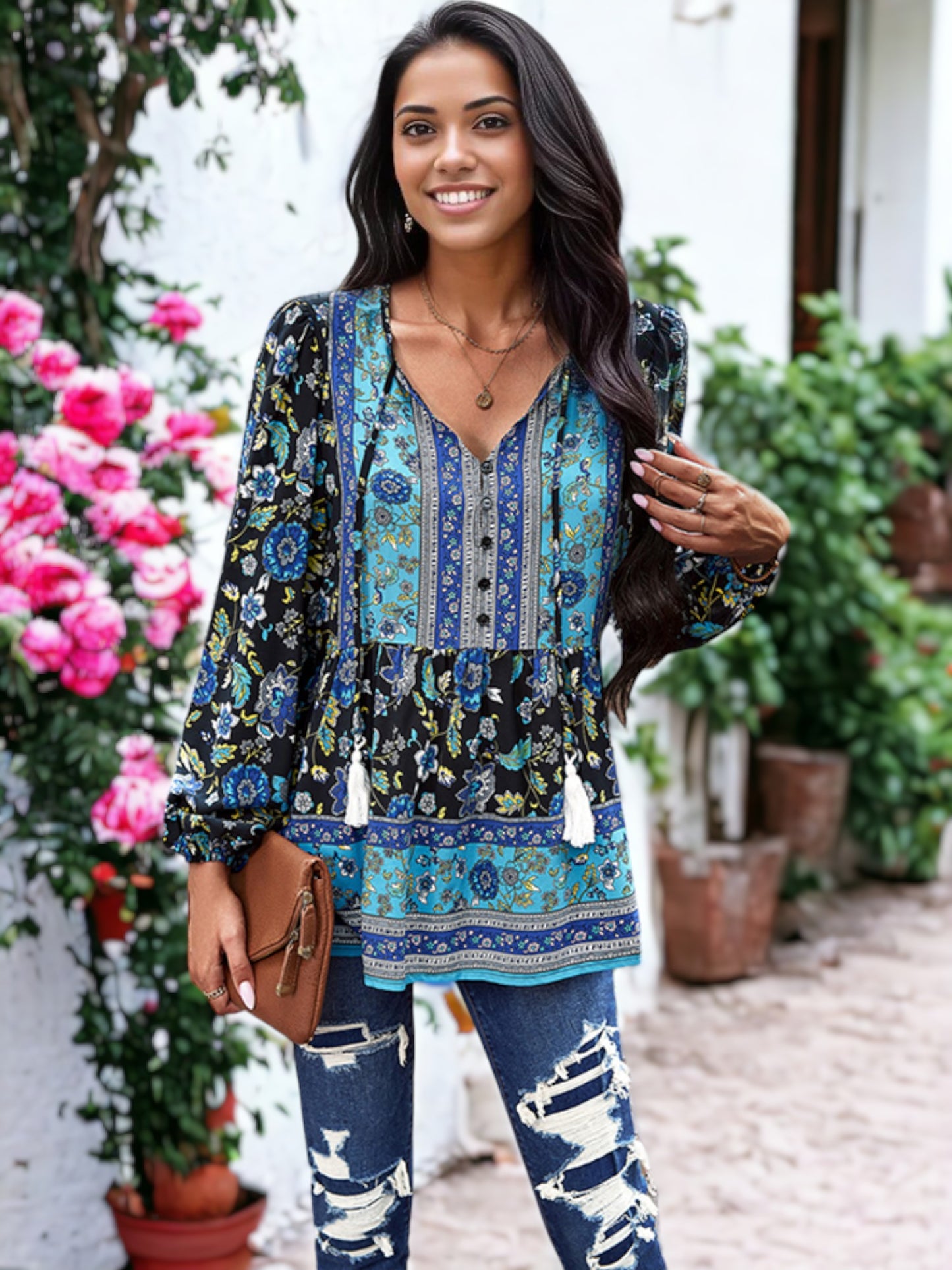 Blusa de manga larga con cuello en V y estampado bohemio de cachemira