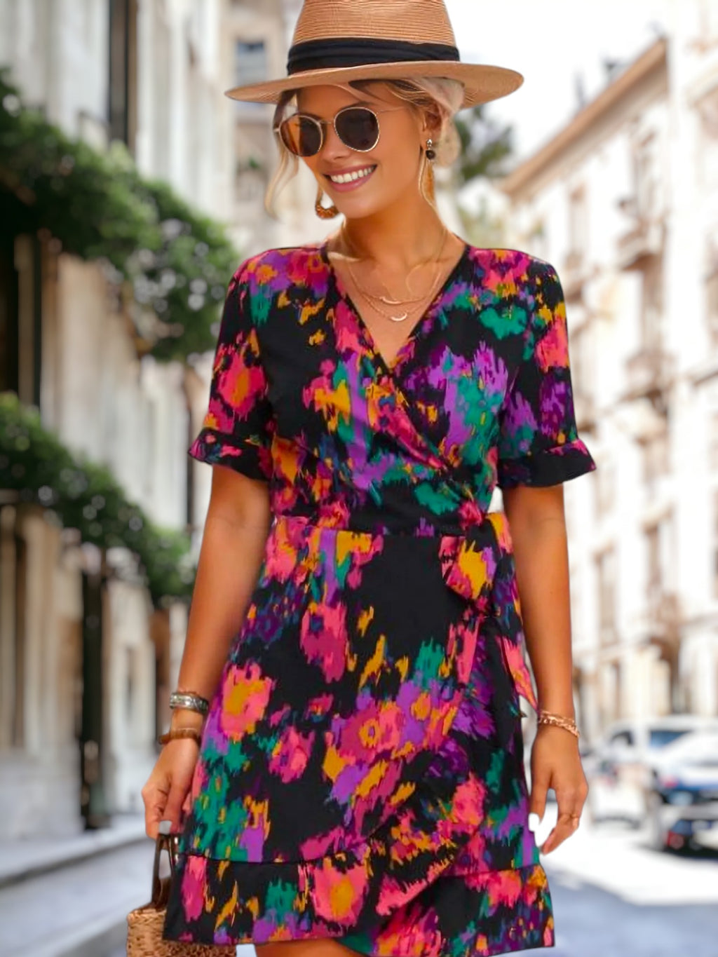 Vestido con dobladillo con volantes y estampado abstracto