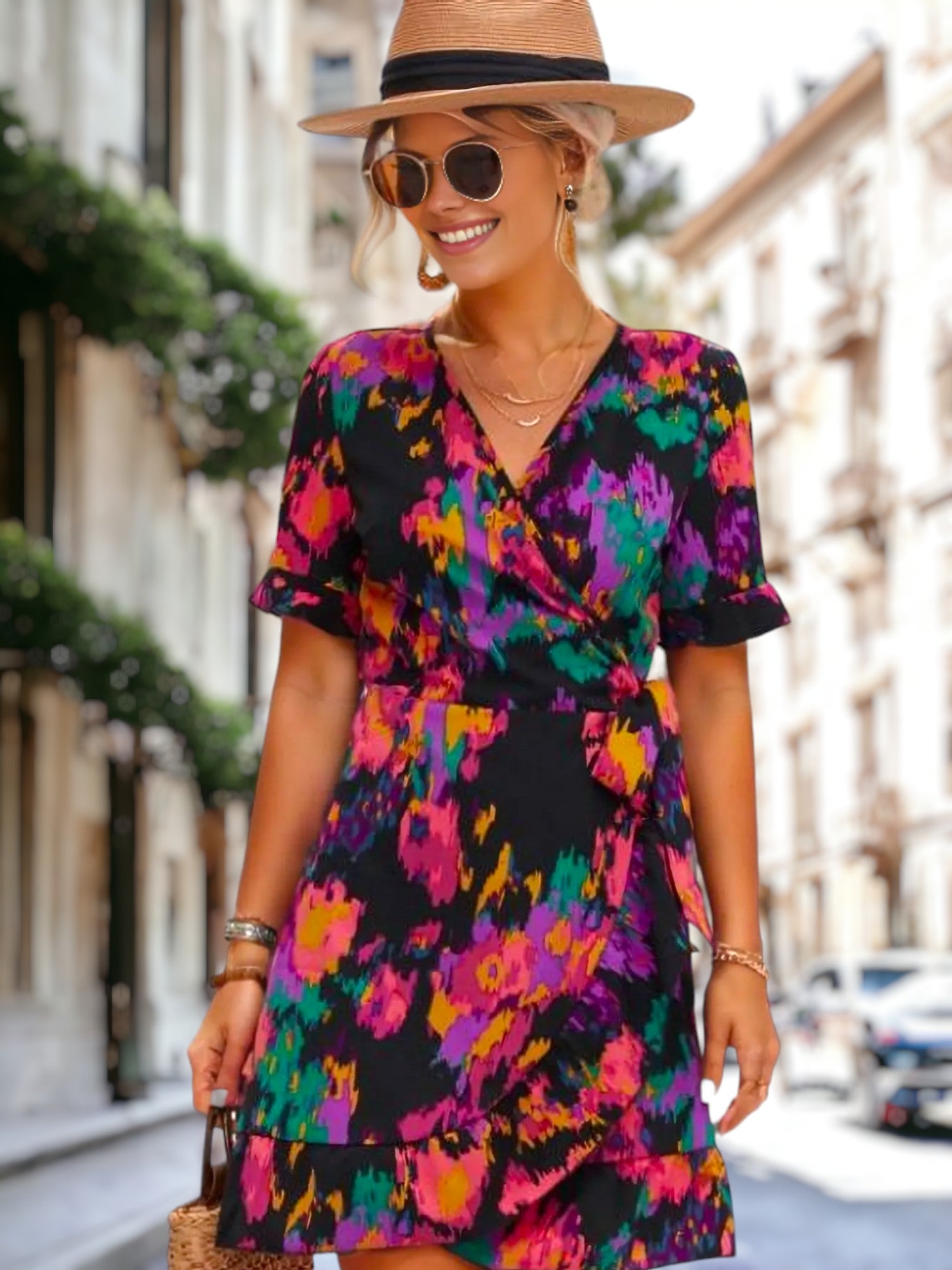 Vestido con dobladillo con volantes y estampado abstracto