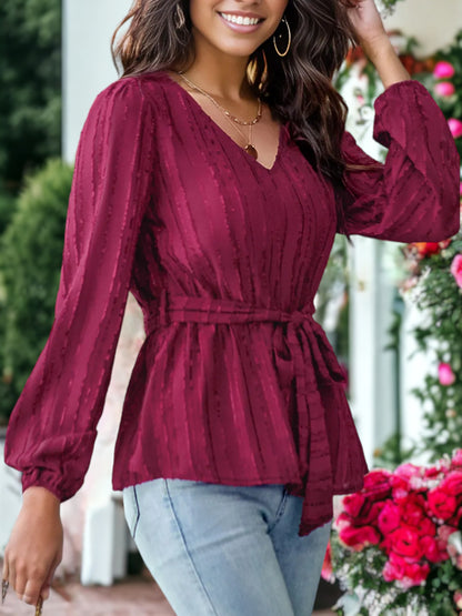 V Neck Textured Peplum Hem Long Sleeve Blouse