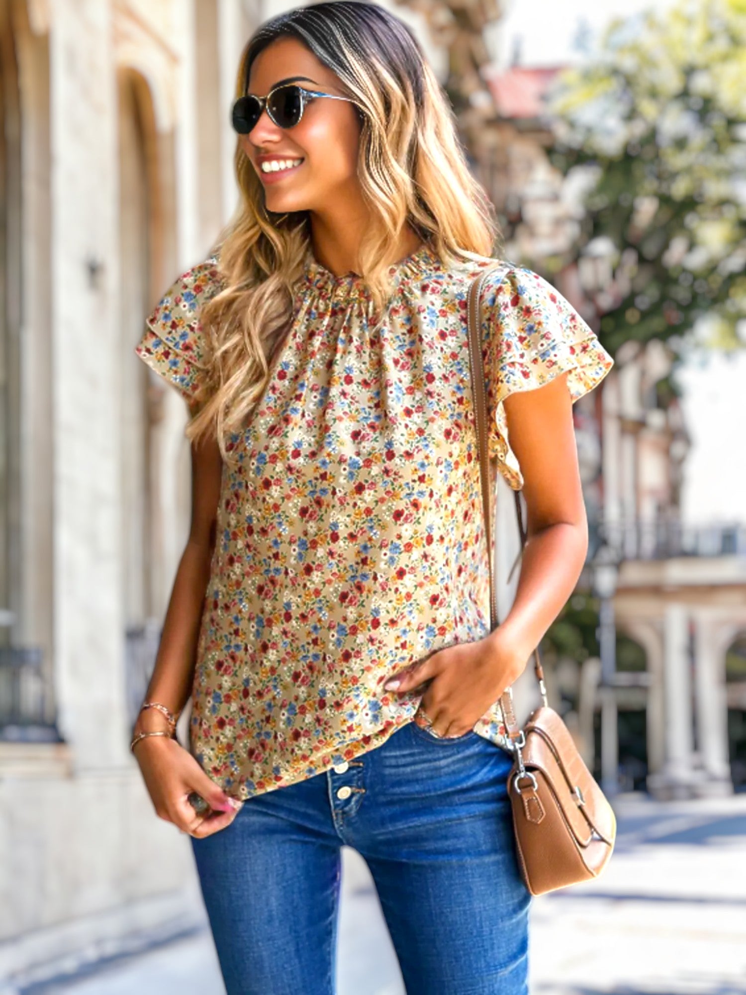 High Neck Tiered Sleeve Blouse