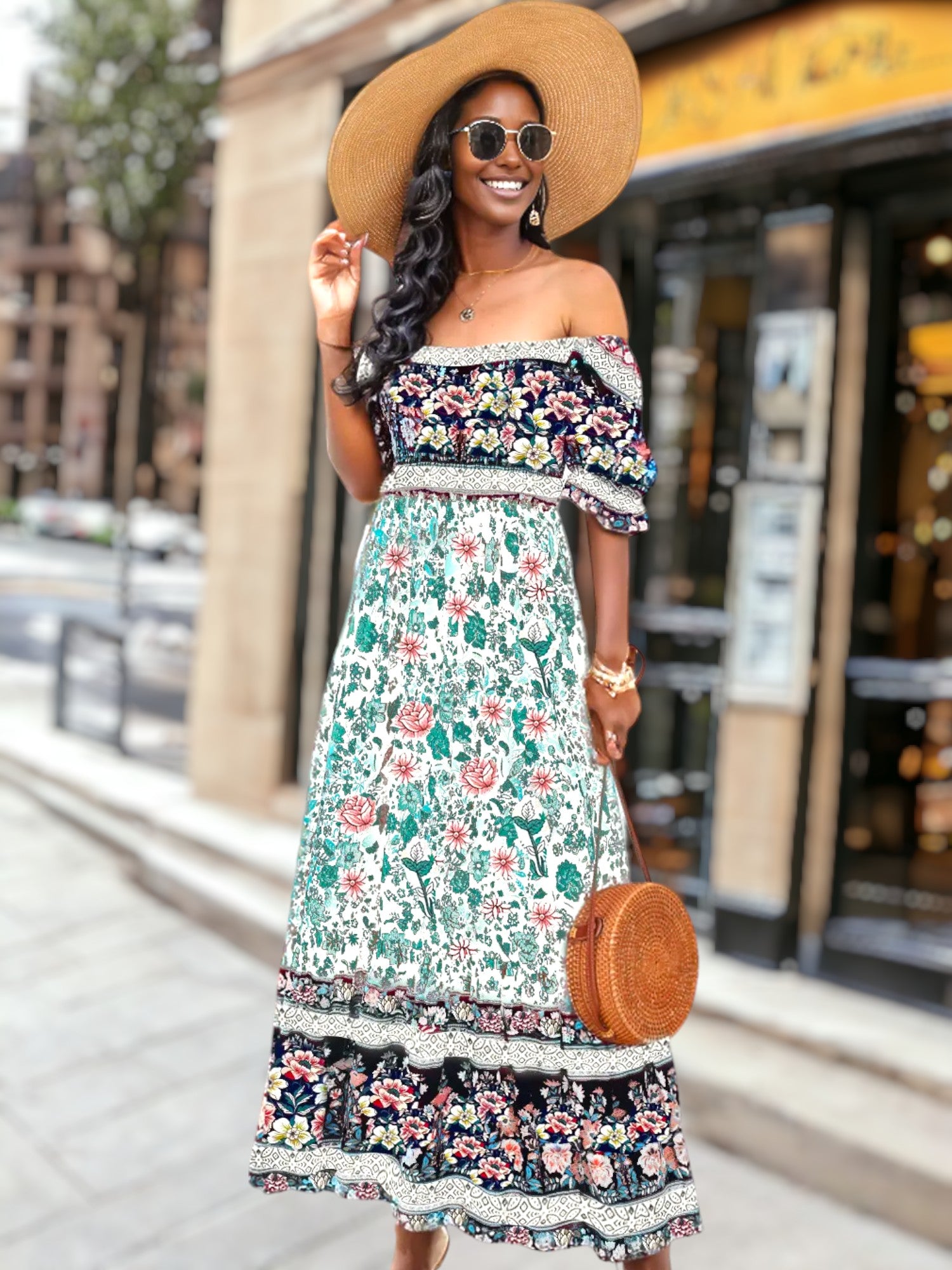 Vestido bohemio multicolor con hombros descubiertos