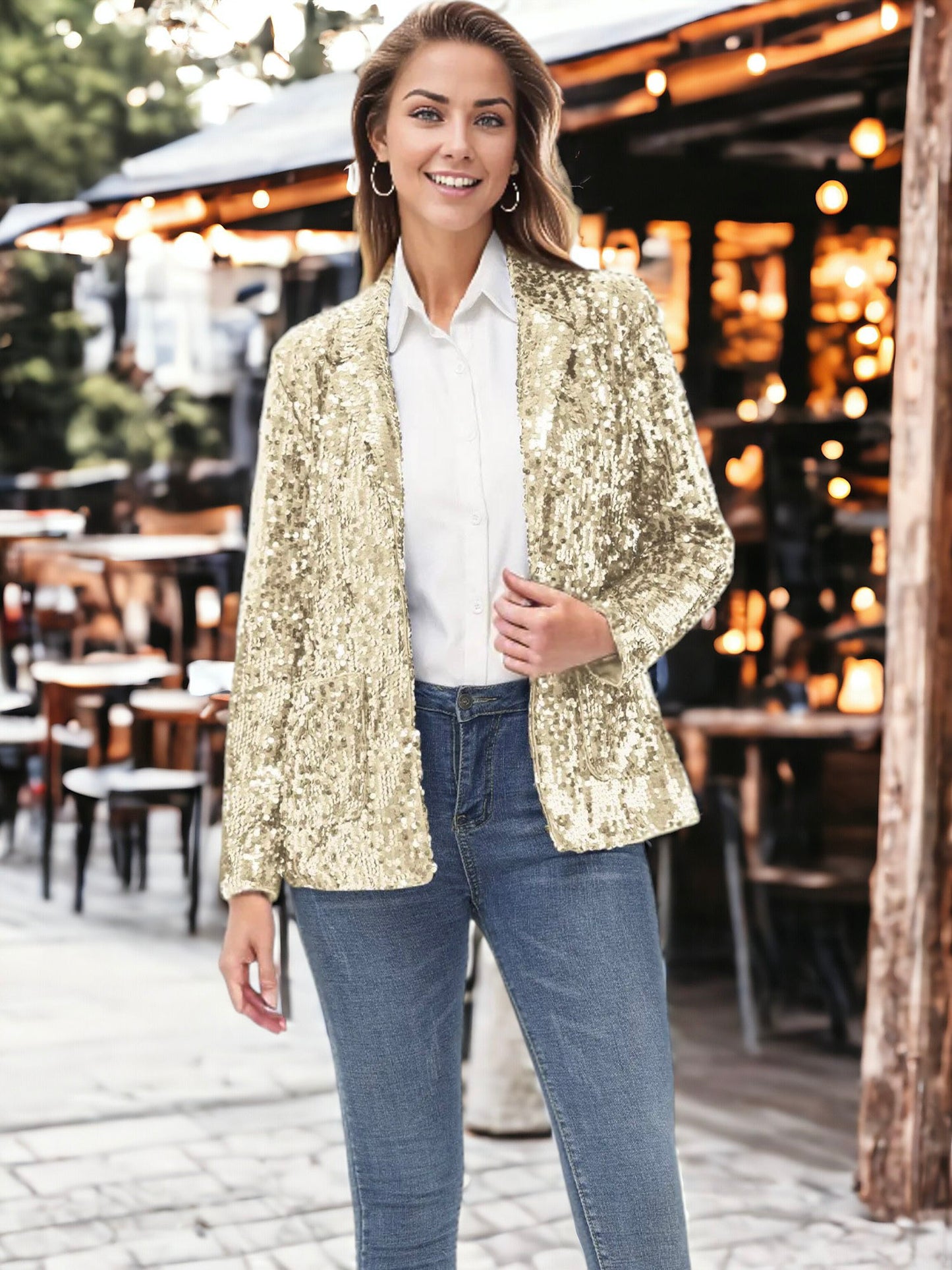 Chaqueta tipo blazer de fiesta con abertura frontal y mangas largas con purpurina