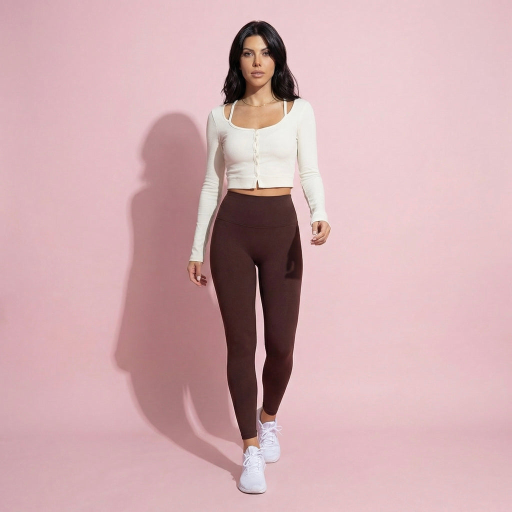 Cropped Button-Up Ribbed Long Sleeve Top with Scoop Neckline