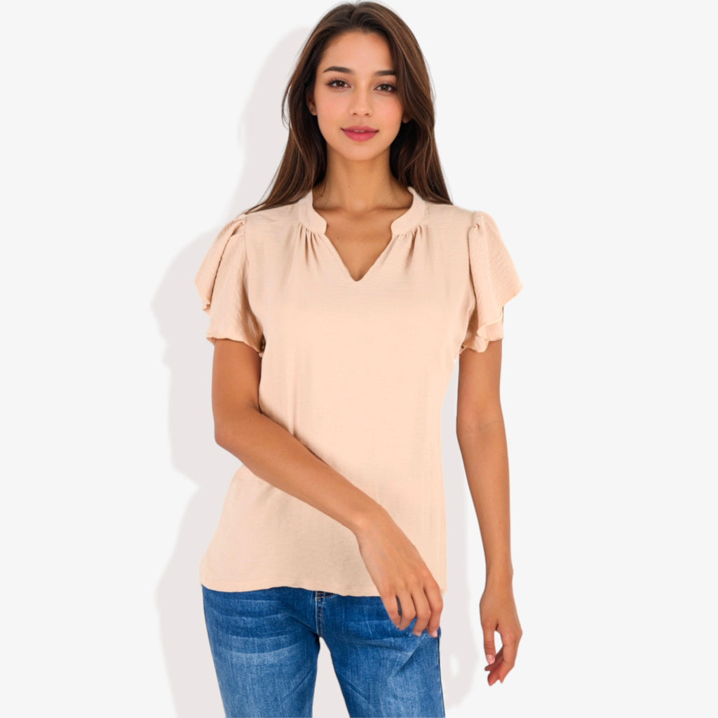 Blusa de mujer de manga corta con escote en V y mangas con volantes