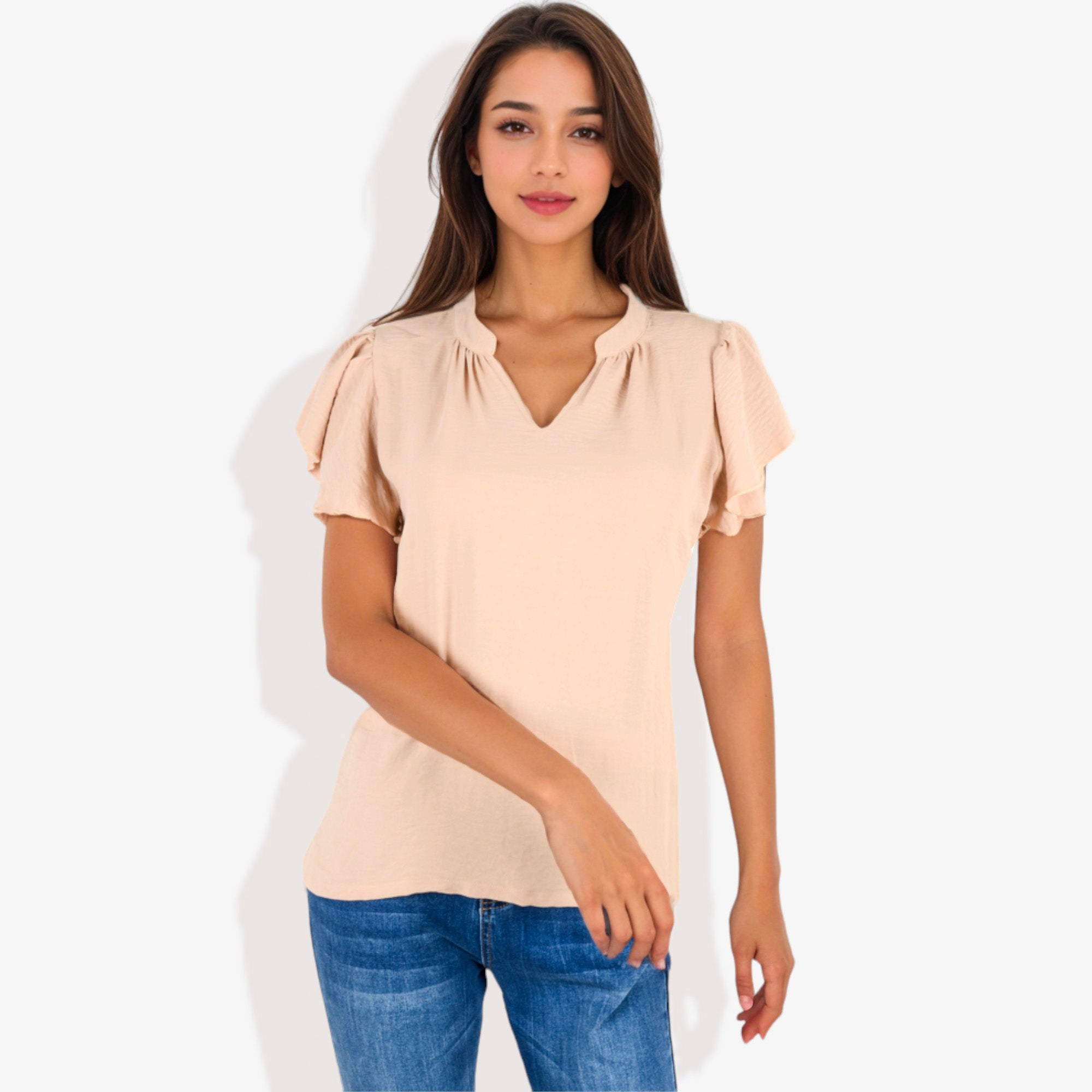 Blusa de mujer de manga corta con escote en V y mangas con volantes