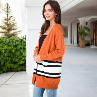 Women's Open Front Striped Pocket Long Sleeve Cardigan
