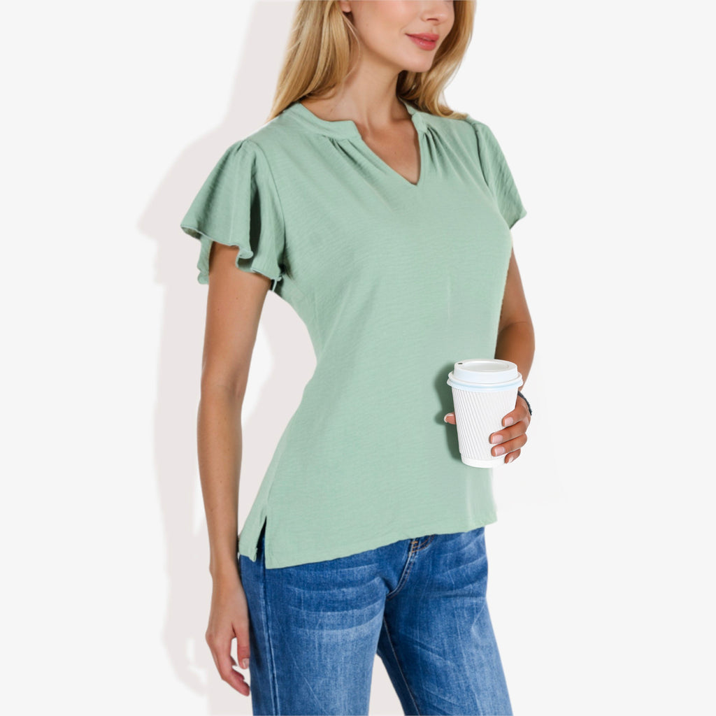 Blusa de mujer de manga corta con escote en V y mangas con volantes