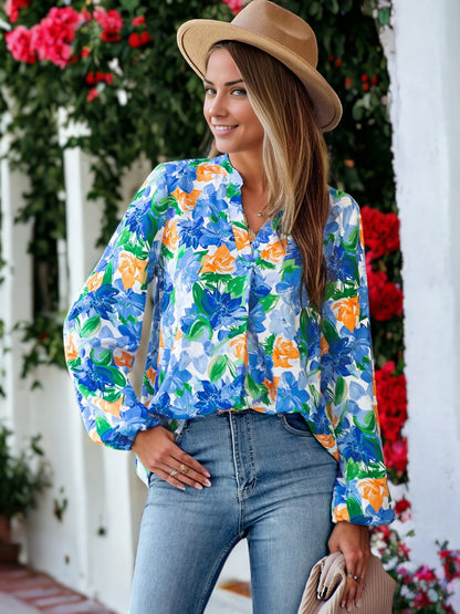 Split V Neck Multicolor Floral Blouse