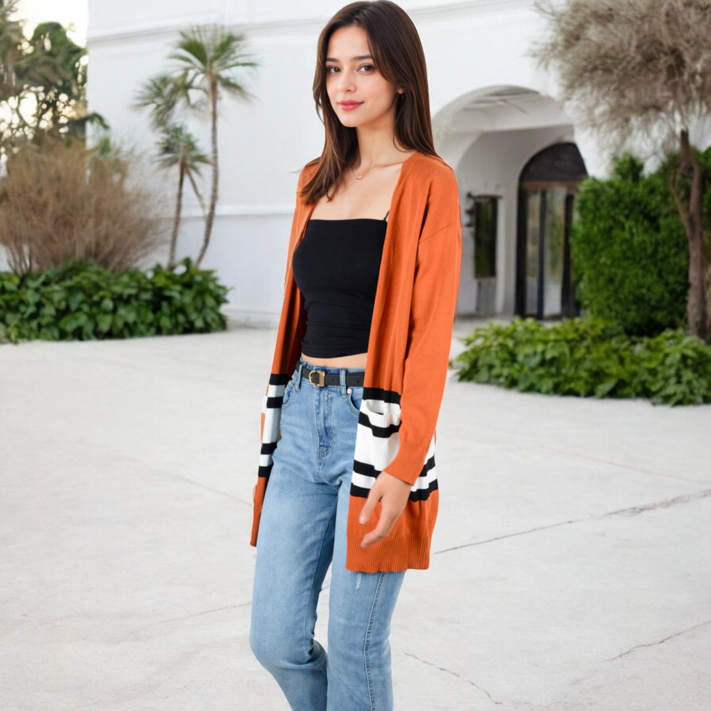 Women's Open Front Striped Pocket Long Sleeve Cardigan