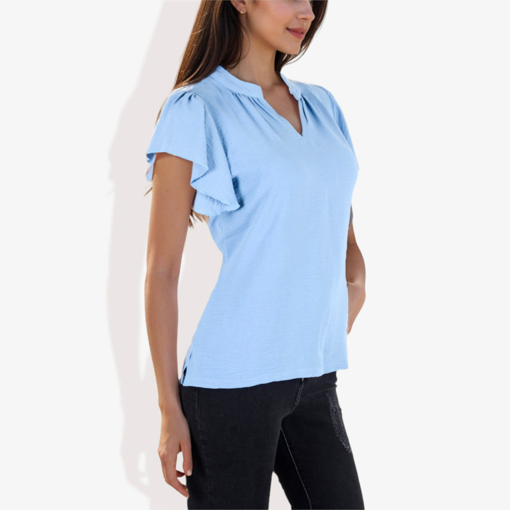 Blusa de mujer de manga corta con escote en V y mangas con volantes