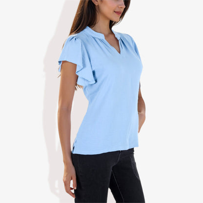 Women's Short Sleeve V-Neck Blouse with Ruffle Sleeves