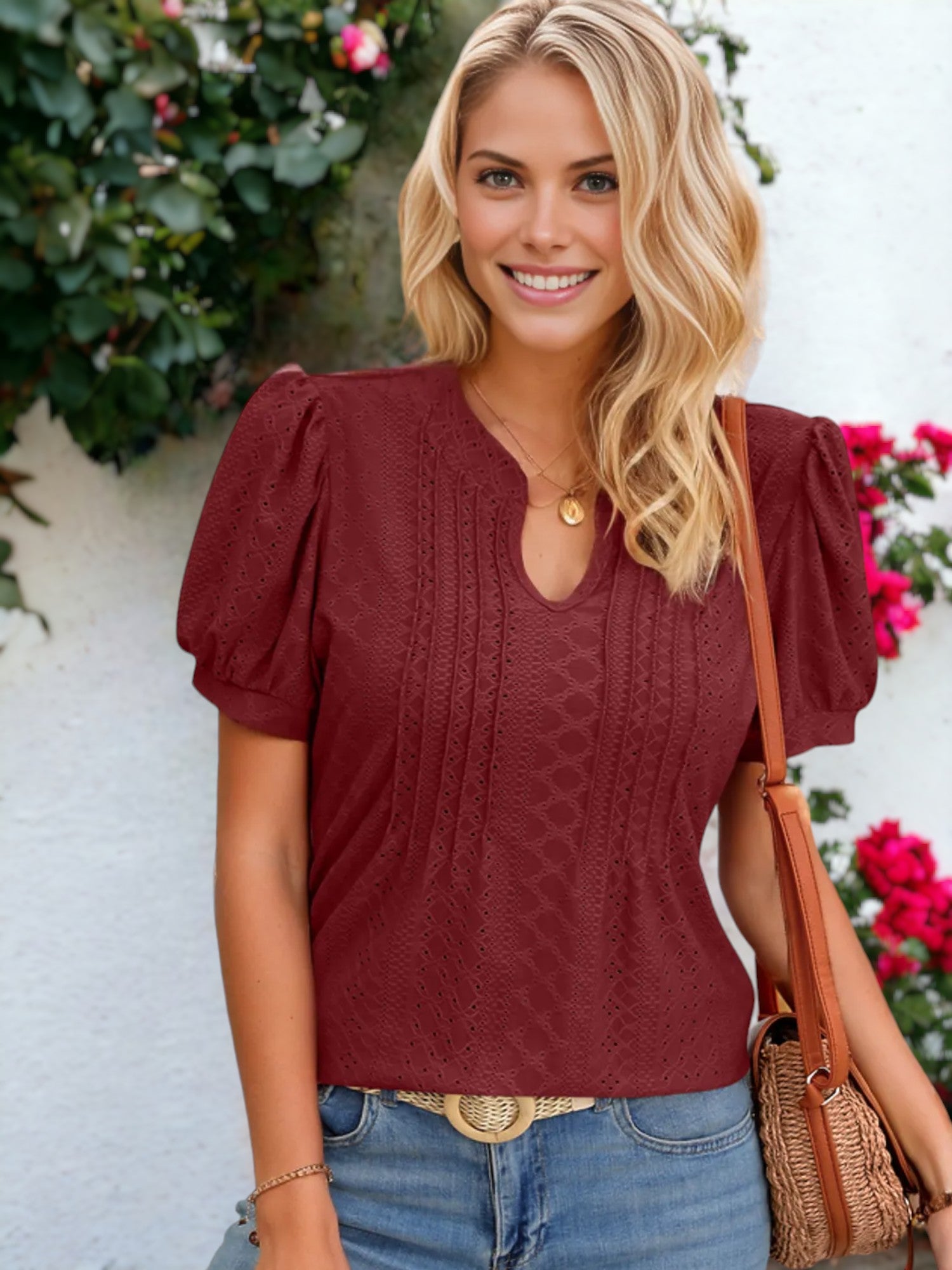 Puffed Sleeve Eyelet Embrodiered Pleated V-Neck Tee