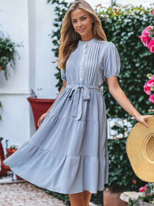 Tie Waisted Puff Sleeved Ruffle Dress