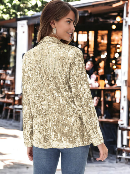 Chaqueta tipo blazer de fiesta con abertura frontal y mangas largas con purpurina
