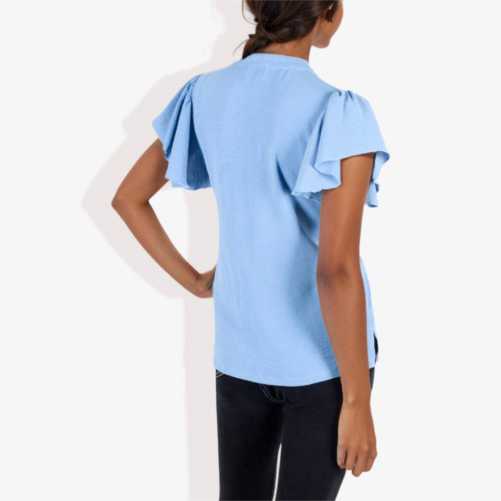 Blusa de mujer de manga corta con escote en V y mangas con volantes
