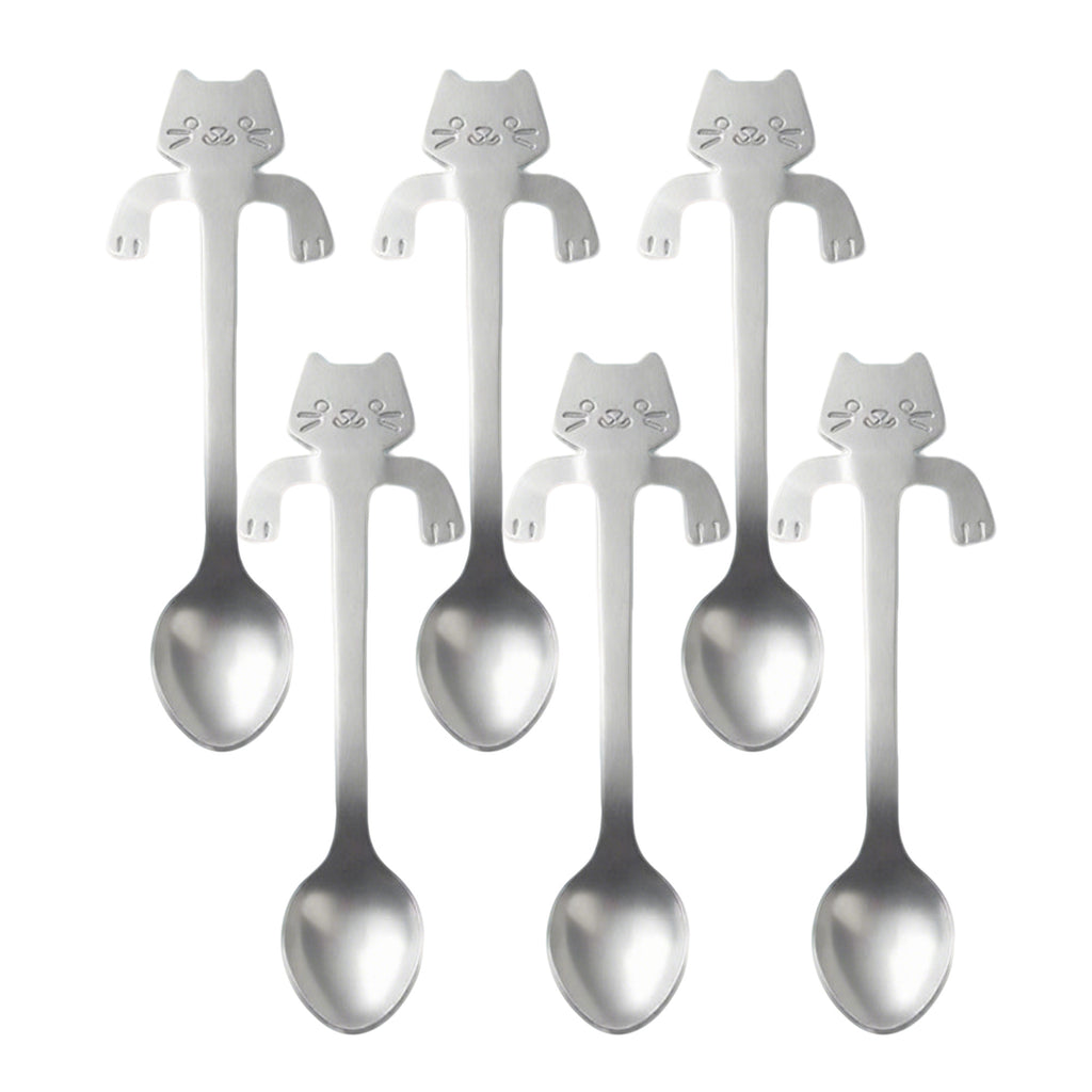 Anna-Kaci Cat Shaped Spoon Set Polished Metal Decorative Handle Cute Table Spoon 6 Piece Set
