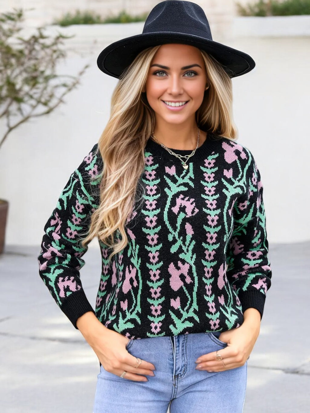 Anna-Kaci Women's Floral Knit Sweater with Crew Neck and Long Sleeves