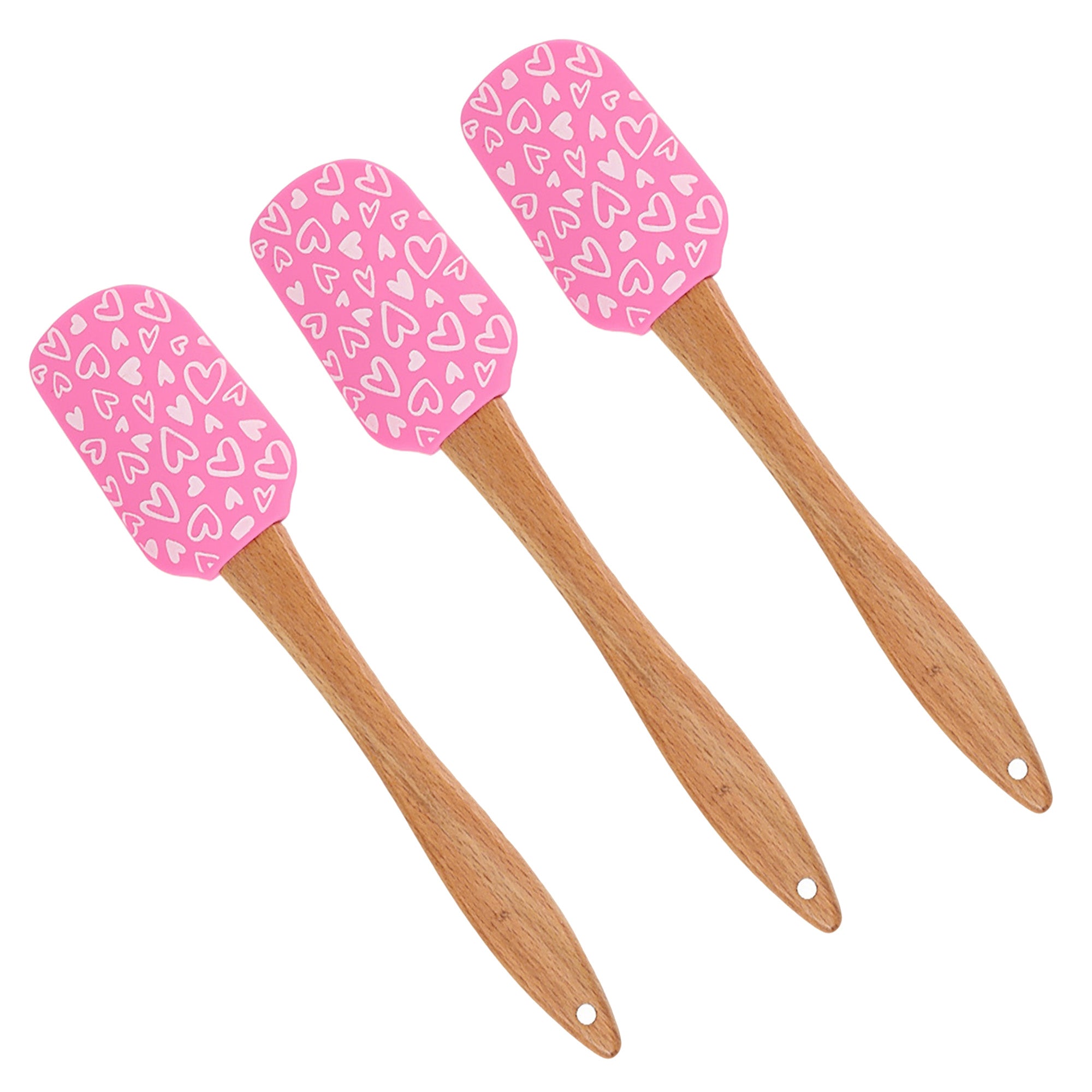Anna-Kaci Silicone Spatula Set XO Heart Print Wooden Handle Heat Resistant Baking Mixing Kitchen Tools 3 Piece