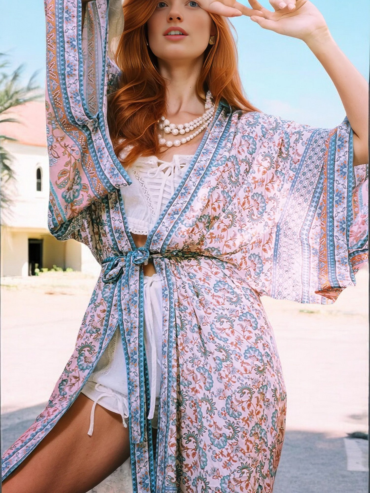 Bata tipo kimono con estampado bohemio para mujer de Anna-Kaci, cintura con cinturón y mangas anchas