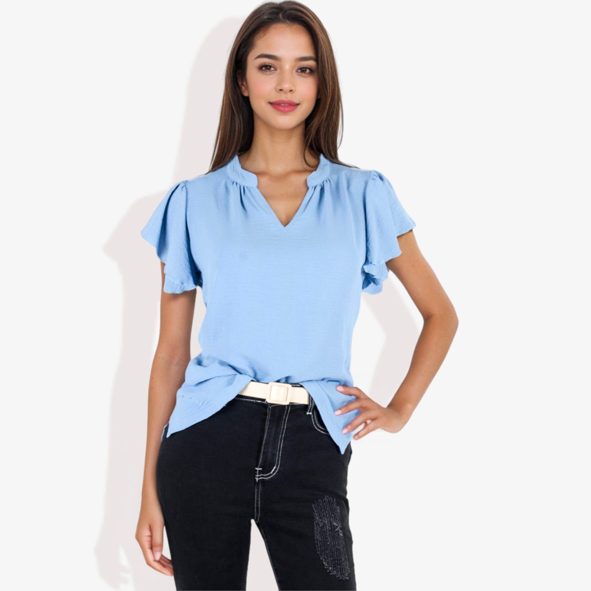 Blusa de mujer de manga corta con escote en V y mangas con volantes