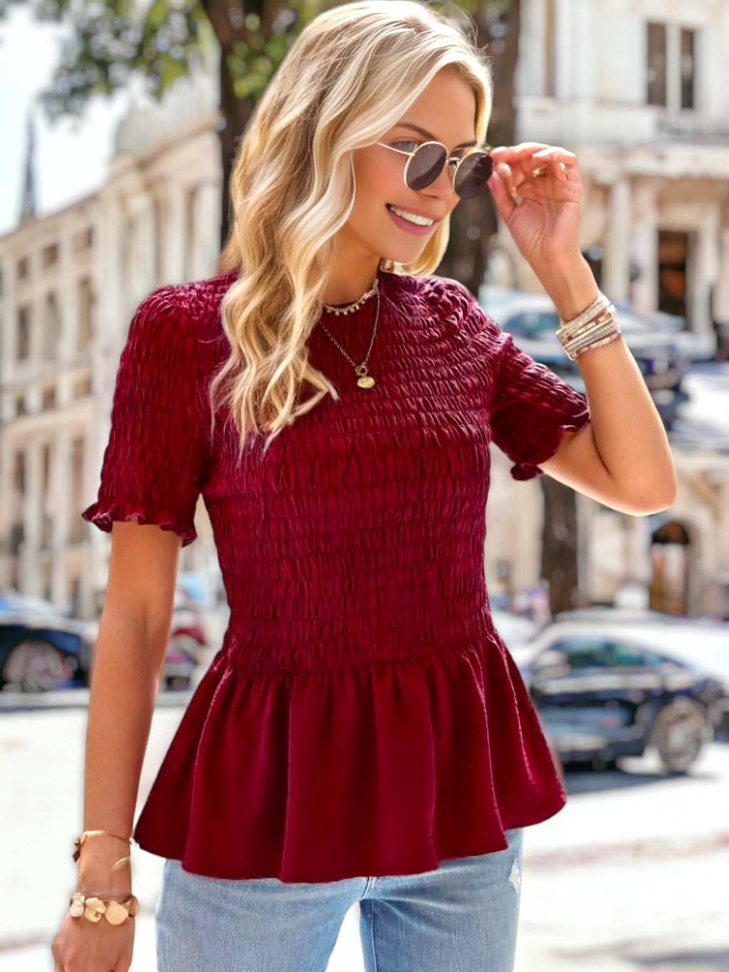 Round Neck Shirred Peplum Blouse