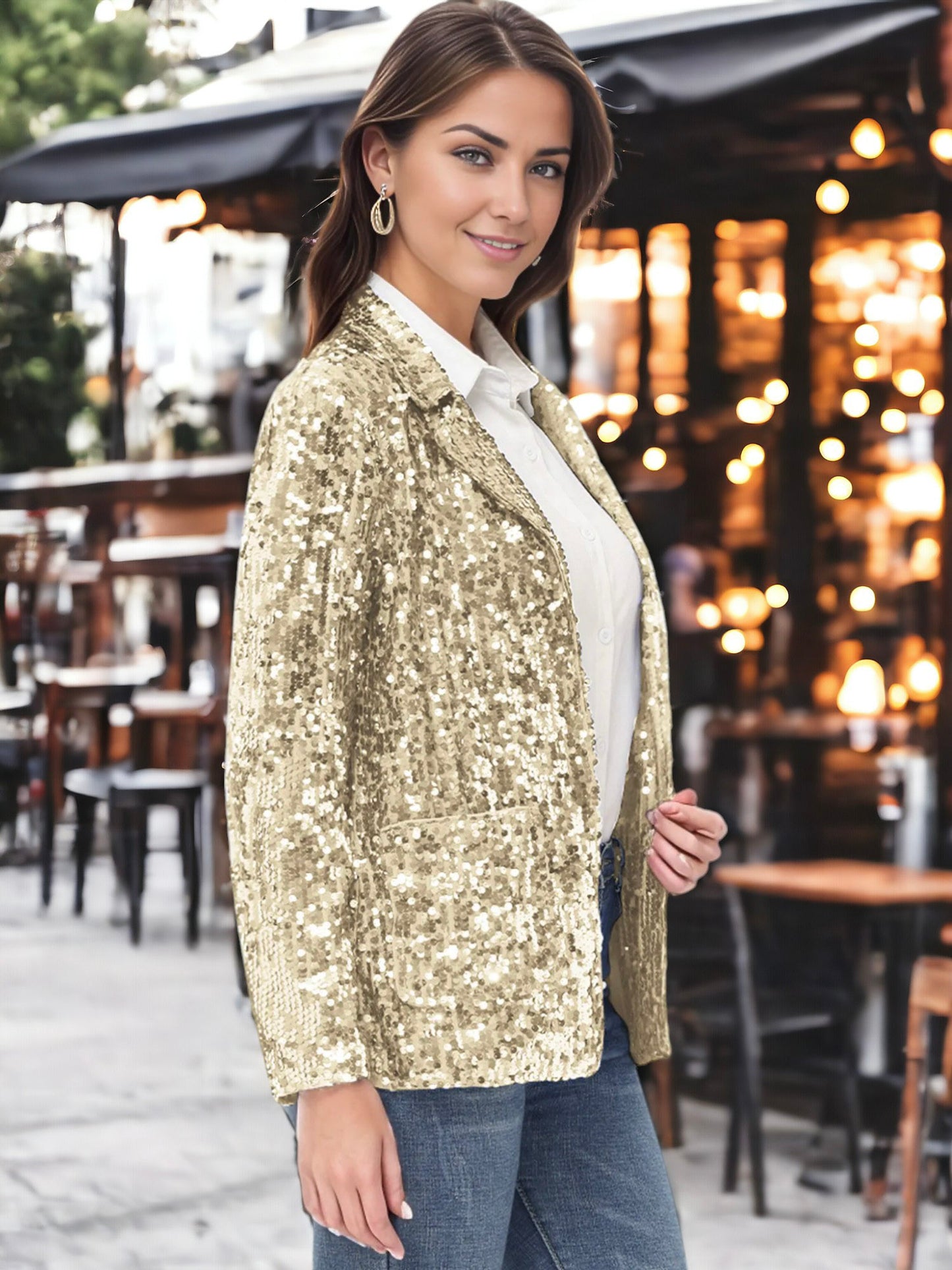 Chaqueta tipo blazer de fiesta con abertura frontal y mangas largas con purpurina