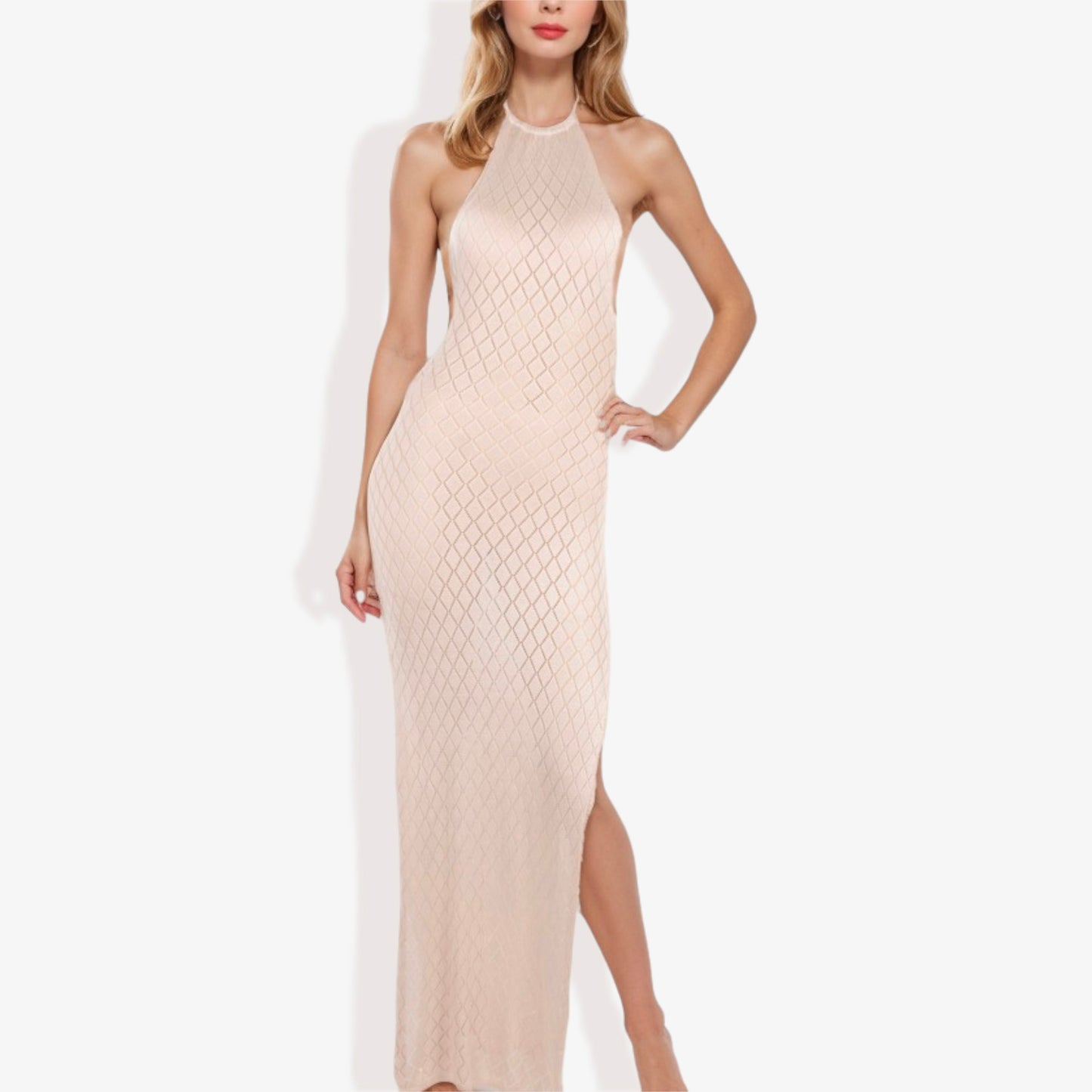 Halter Fishnet Design Side Slits Maxi Dress