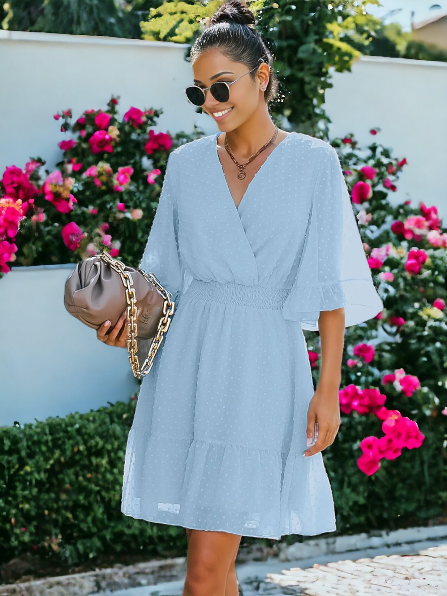 V Neck Bell Sleeve Swiss Dot A-Line Elastic Waist Ruffle Hem Short Dress