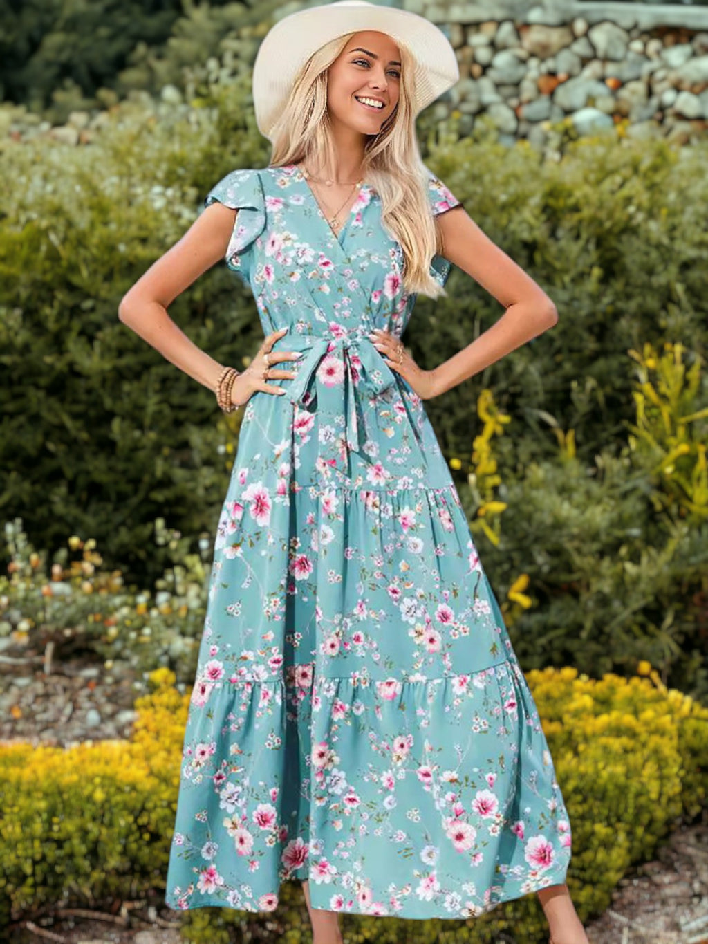 Vestido largo con escote en V, mangas con volantes y lazo en la cintura