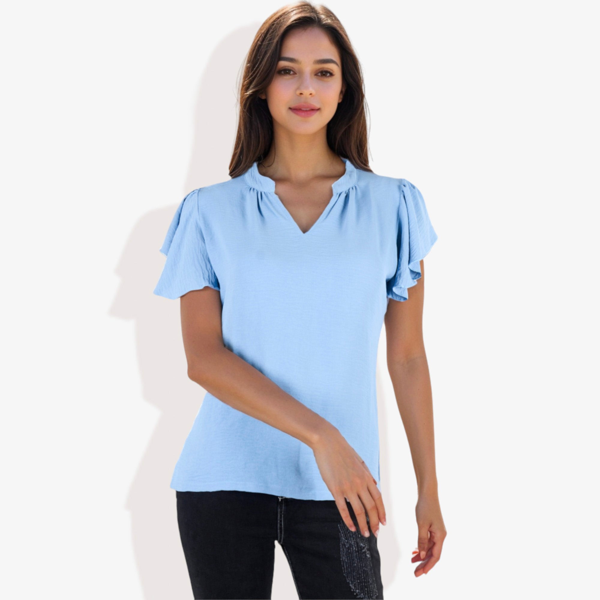 Blusa de mujer de manga corta con escote en V y mangas con volantes