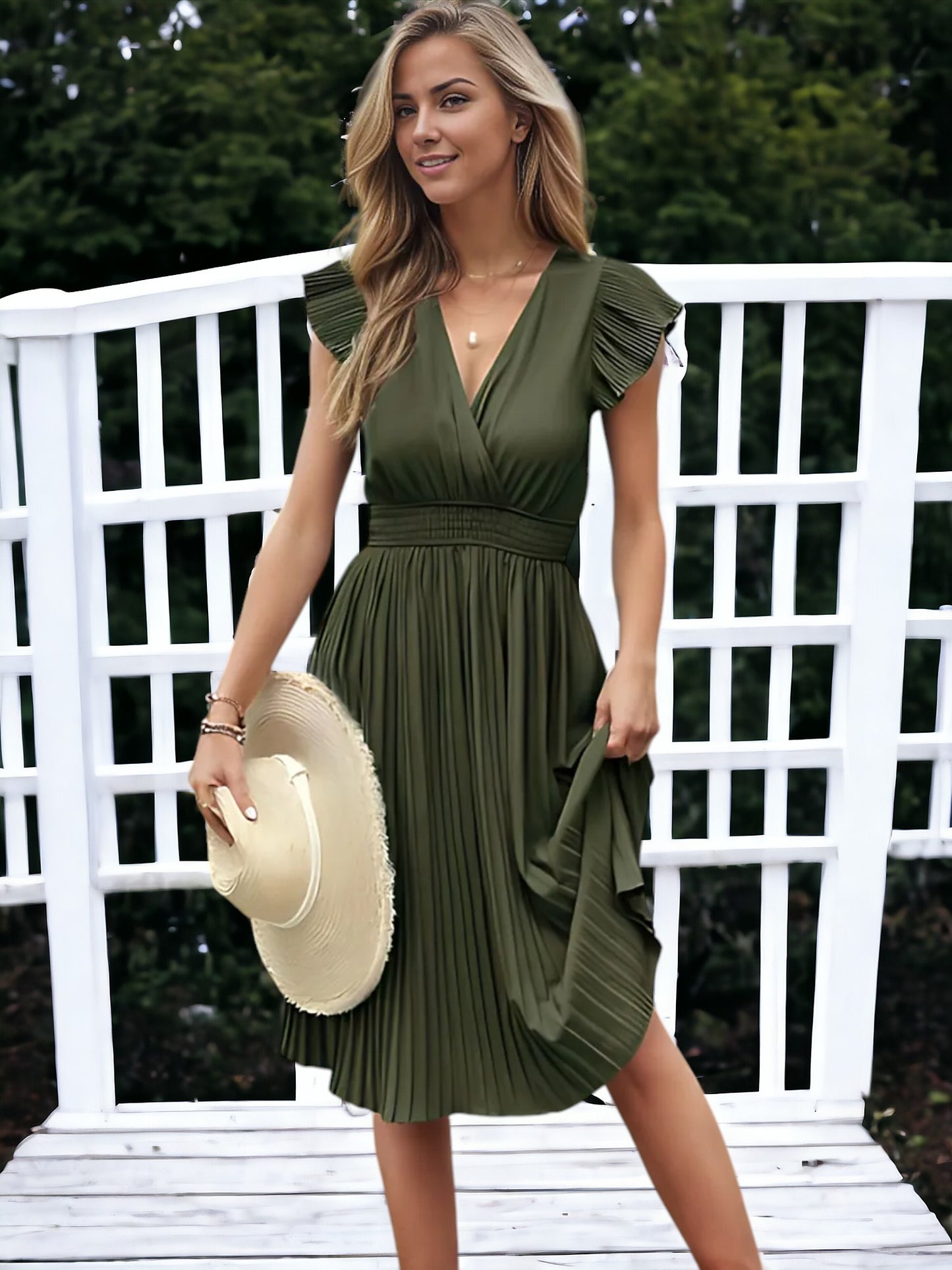 V-Neck And Smock Waisted Pleated Midi Dress