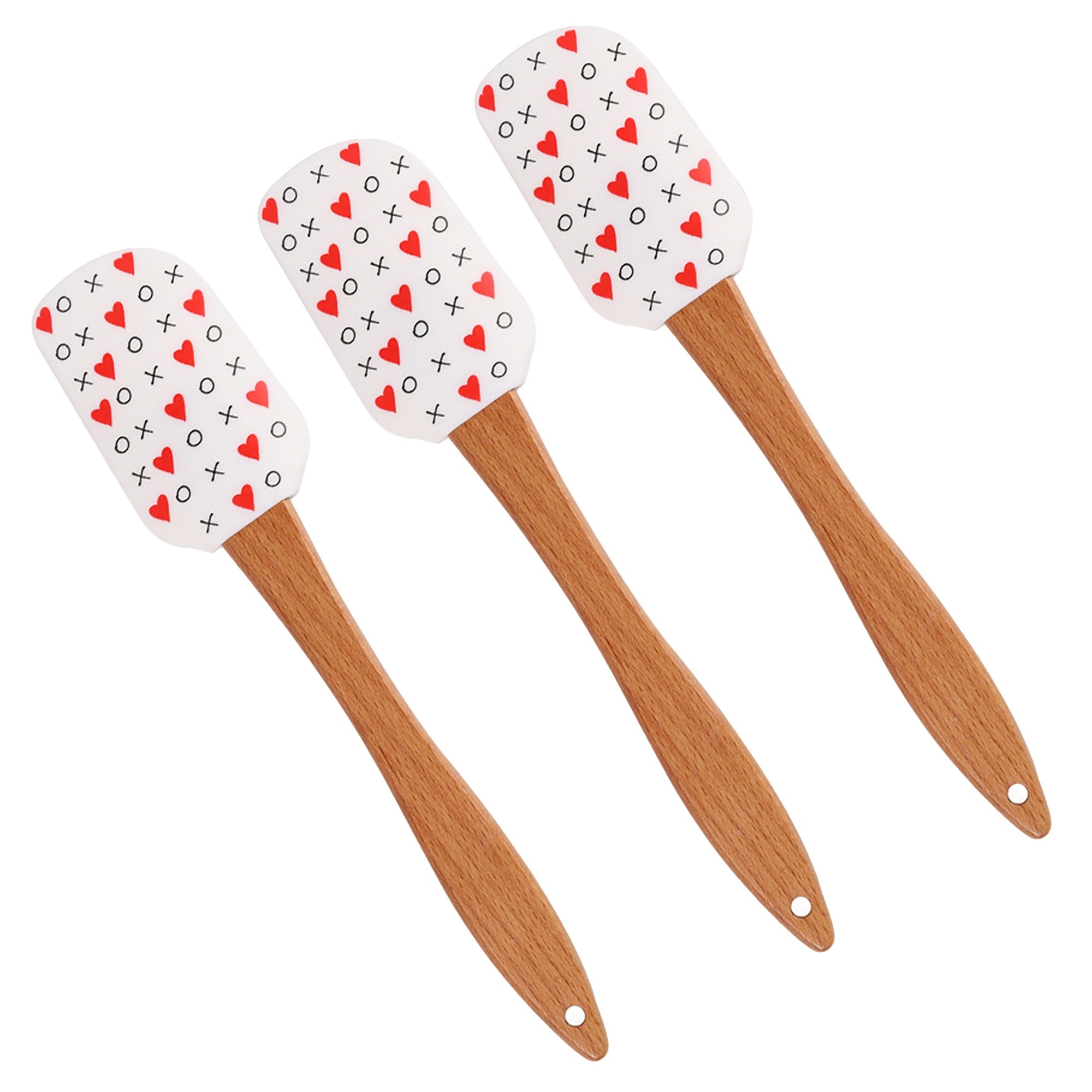 Anna-Kaci Silicone Spatula Set XO Heart Print Wooden Handle Heat Resistant Baking Mixing Kitchen Tools 3 Piece