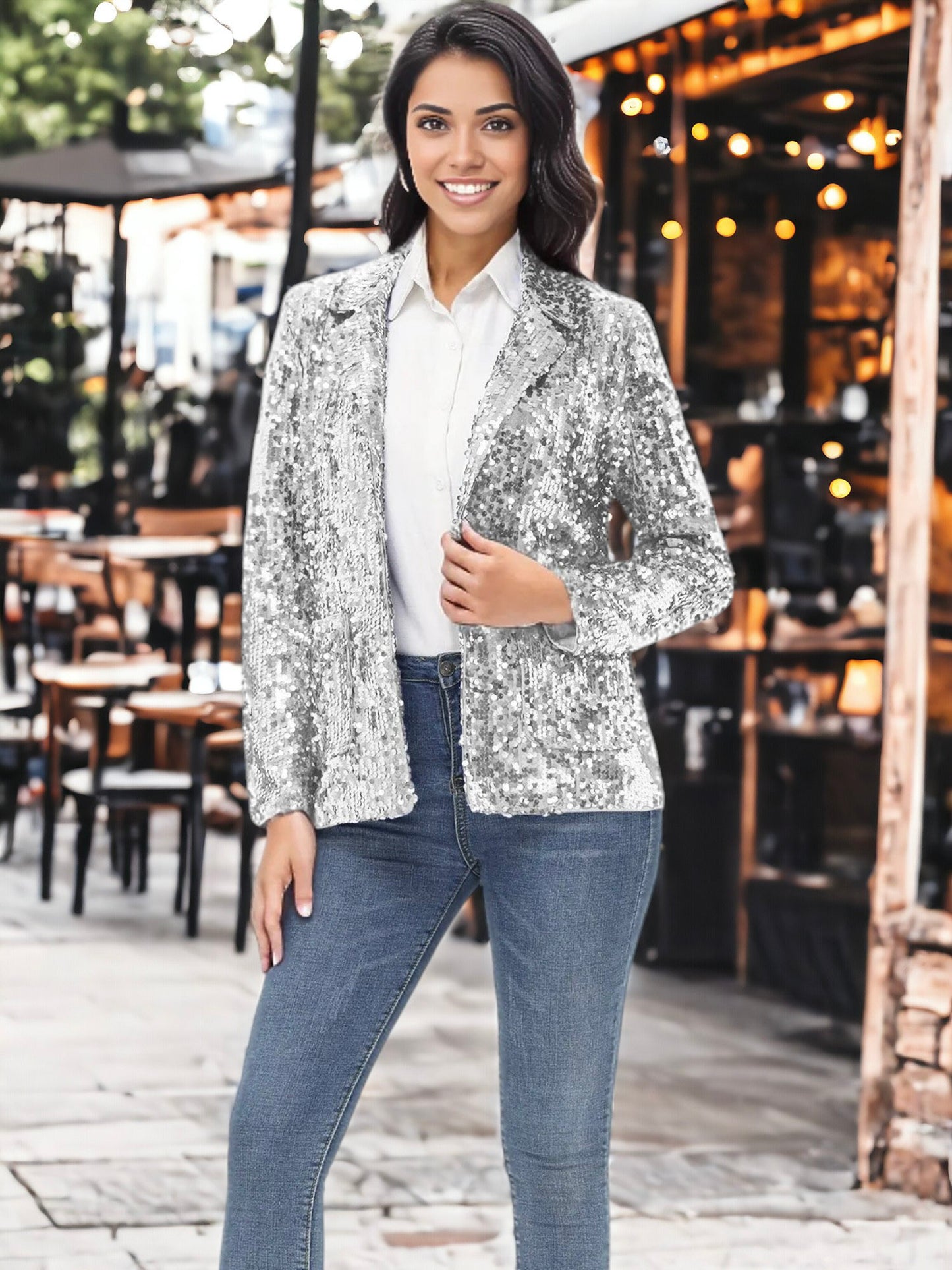 Chaqueta tipo blazer de fiesta con abertura frontal y mangas largas con purpurina