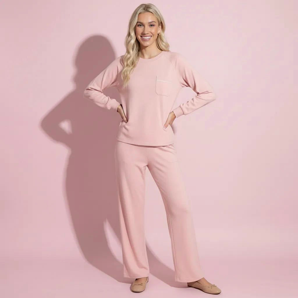 Anna-Kaci Women's 2-Piece Set Long Sleeve Top with Front Pocket and Relaxed Fit Lounge Pants