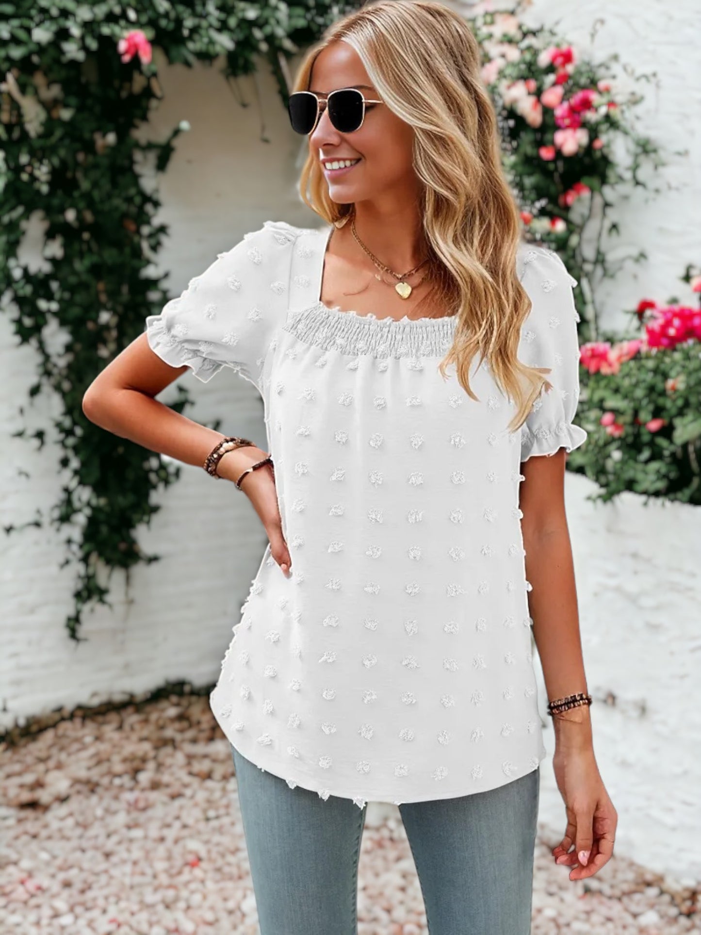 Shirred Square Neck Puff Sleeve Blouse