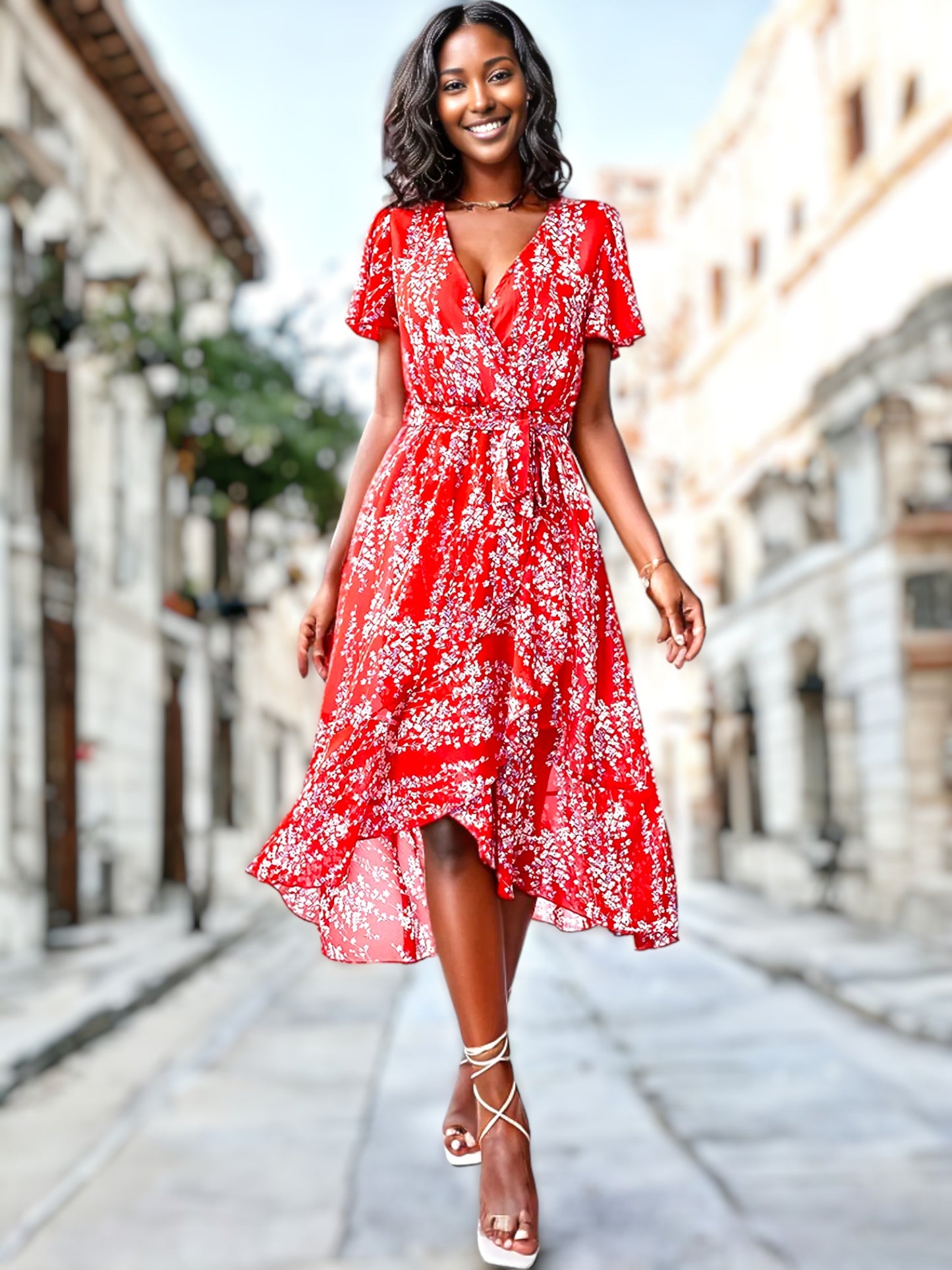 Vestido cruzado con mangas abullonadas y estampado floral 