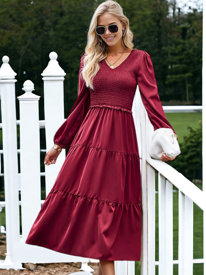 Shirred V Neck Tiered Dress