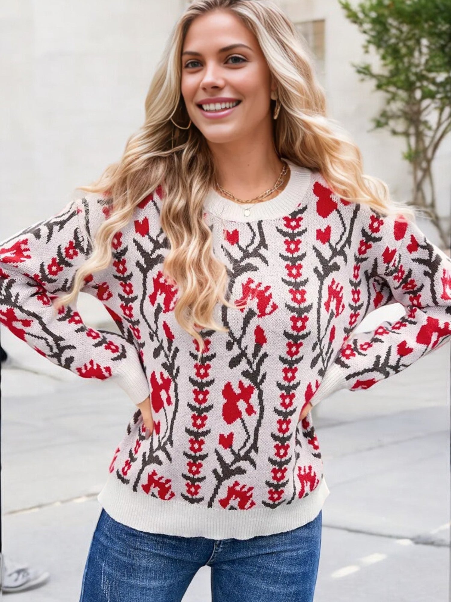 Anna-Kaci Women's Floral Knit Sweater with Crew Neck and Long Sleeves