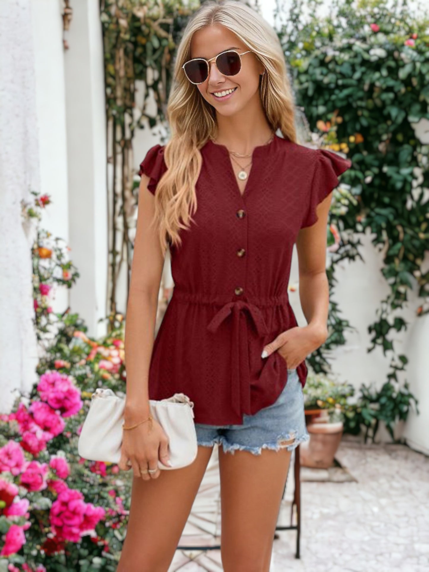 Button Lace Loose T-shirt