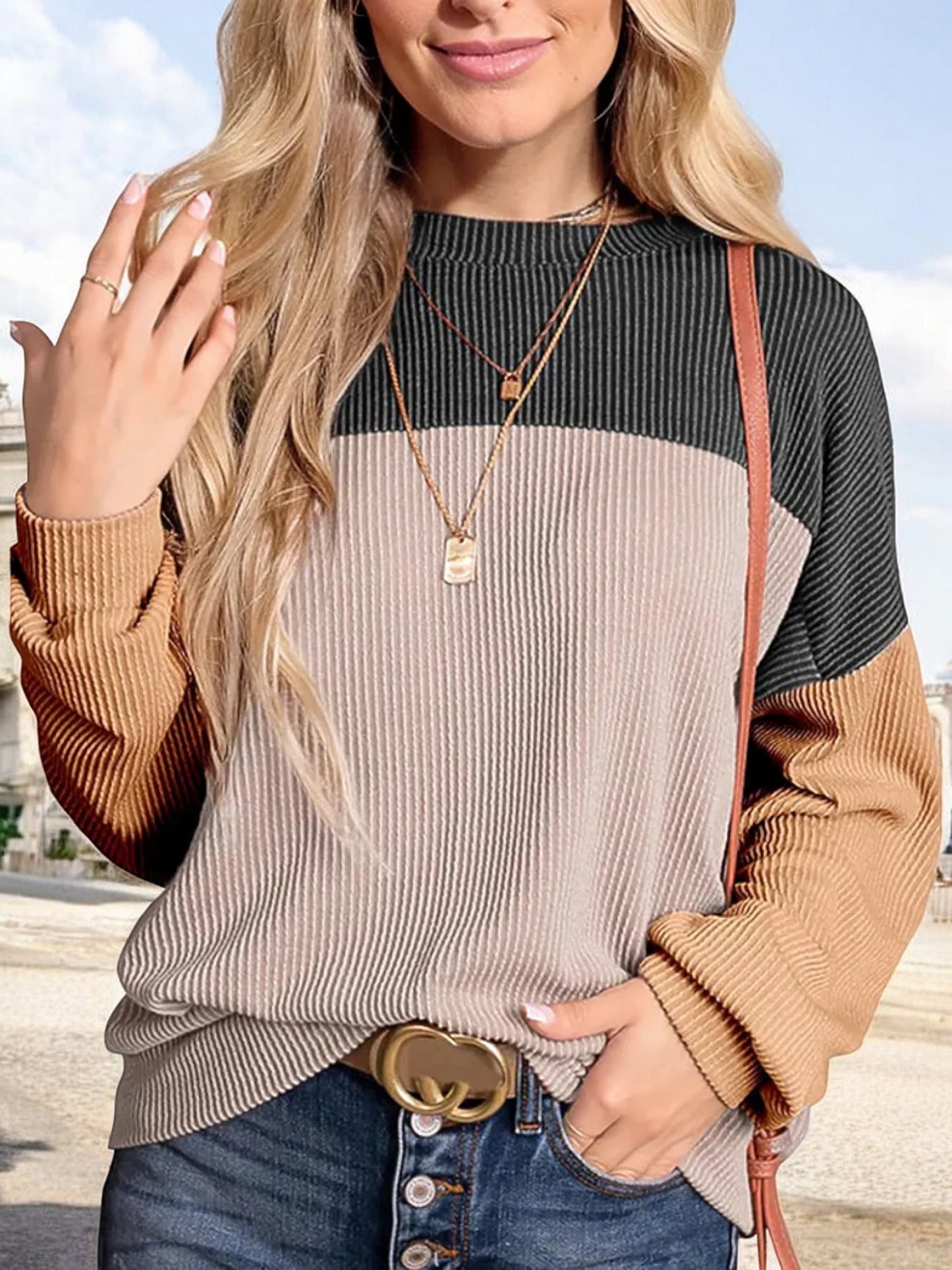 Anna-Kaci Women's Color Block Ribbed Knit Sweater with Long Sleeves and Crew Neckline