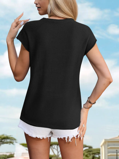 Anna-Kaci Women's Short Sleeve Top with Keyhole Button Detail and Cap Sleeves