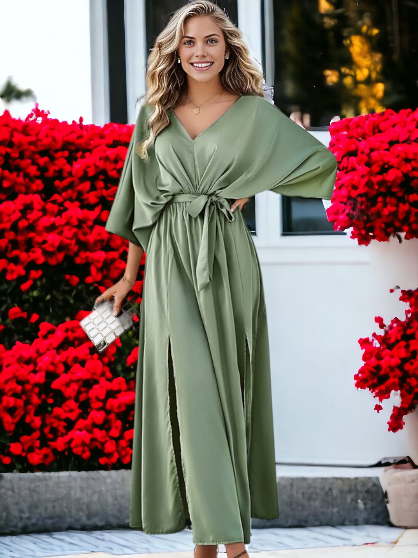 Vestido largo holgado con abertura y cintura alta con escote en V elegante para mujer