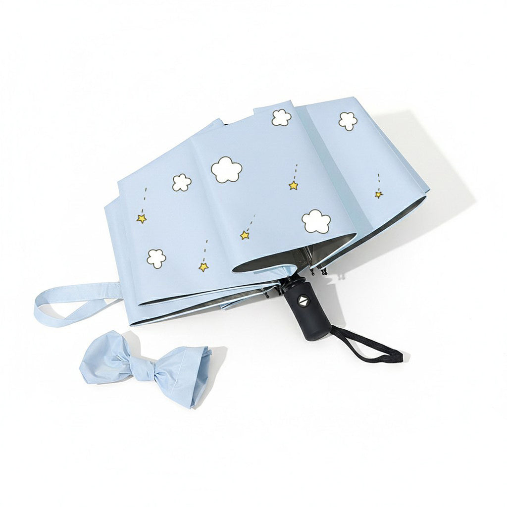 Anna-Kaci Cloud and Star Print Compact Folding Umbrella with Matching Sleeve and Automatic Open