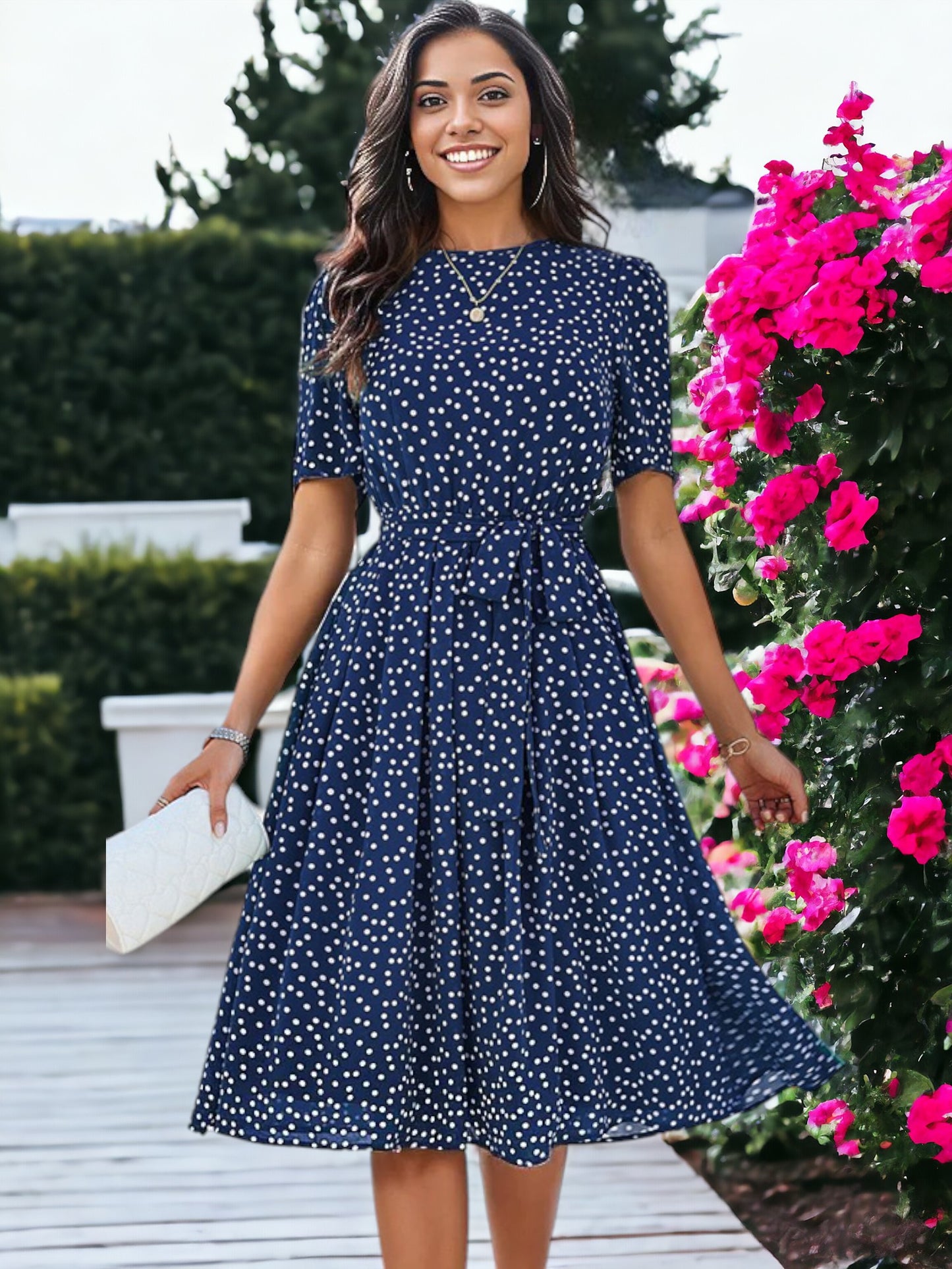 Printed Round Neck Short Sleeved Waist Tie Dress