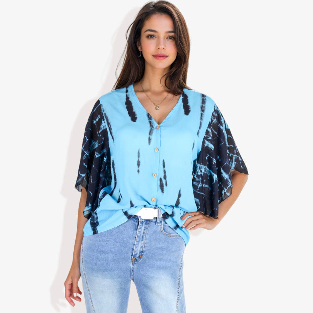 Blusa con mangas estilo kimono y efecto tie-dye con botones en la parte delantera para mujer de Anna-Kaci