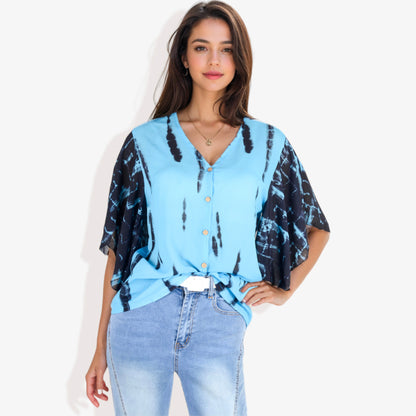 Anna-Kaci Women's Button-Front Tie-Dye Kimono Sleeve Blouse