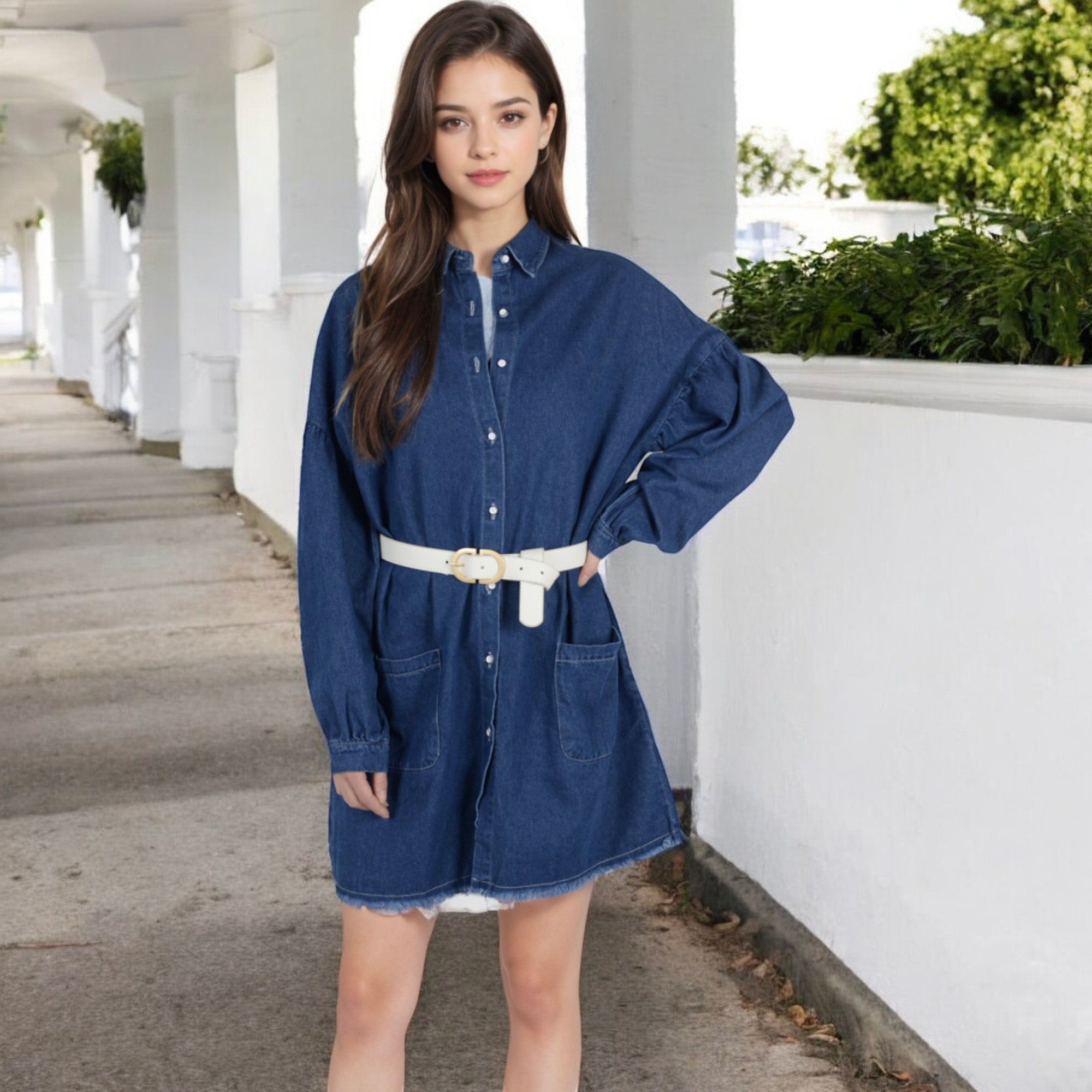 Anna-Kaci Women's Long Sleeve Denim Shirt Dress with Front Button Closure and Patch Pockets